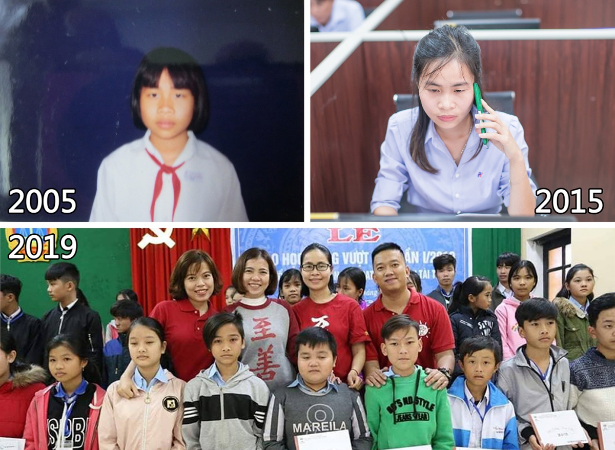 小秋在05年進入德山兒家(左上)；15年已進入企業工作(右上)，成為獨當一面的大人；去年加入至善越南順化工作站的行列(第二排右二)，從受助者變助人者，照片攝於2019年1月(下)。